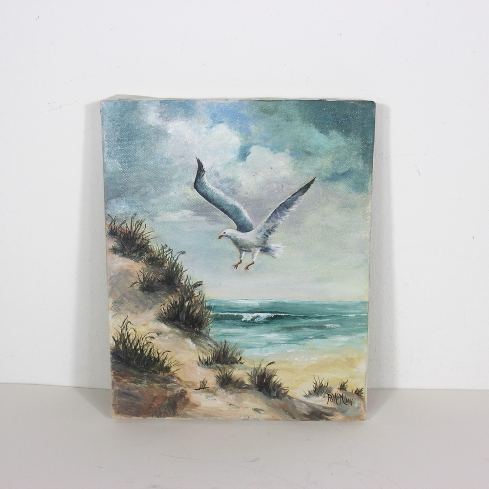 Vintage Oil Painting, Seascape, Coastal Seagull Bird Beach House Decor Original